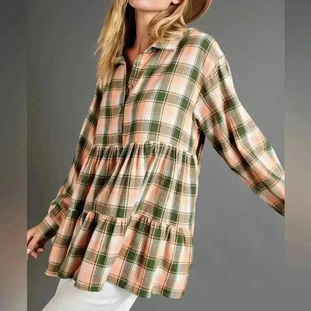 NWOT EASEL Green and Orange Tiered Long Sleeve Flannel Top | size Large - Picture 8 of 9